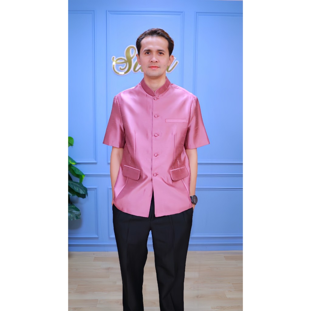 เสื้อผู้ชายไหมสี่เส้นคอจีนแขนสั้น (M12)