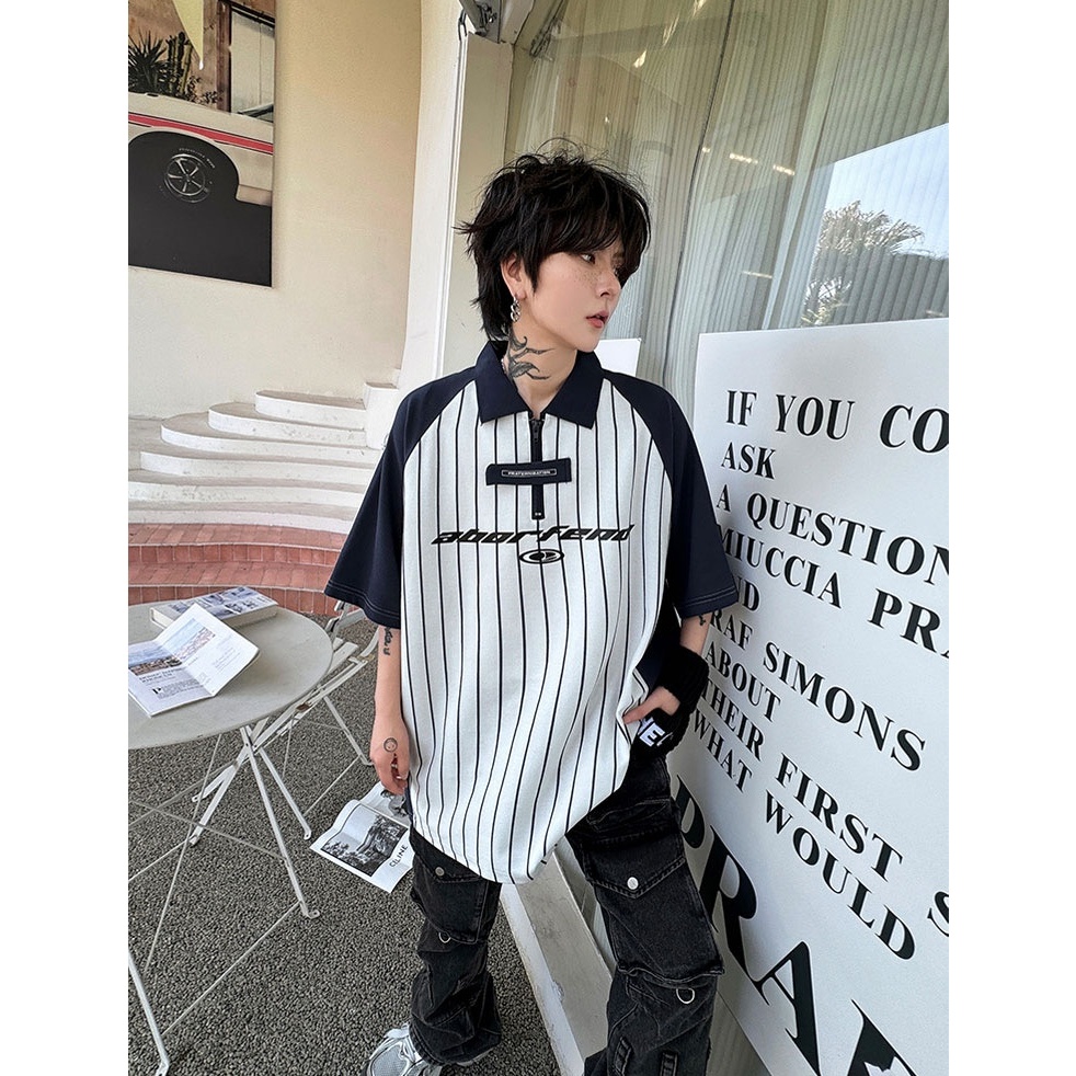 CLIFF สไตล์ย้อนยุคของอเมริกา การเคลื่อนไหว เสื้อโปโล การเลือก แขนสั้นลายทาง คู่รัก สถาบันลม - รูปที่ 6