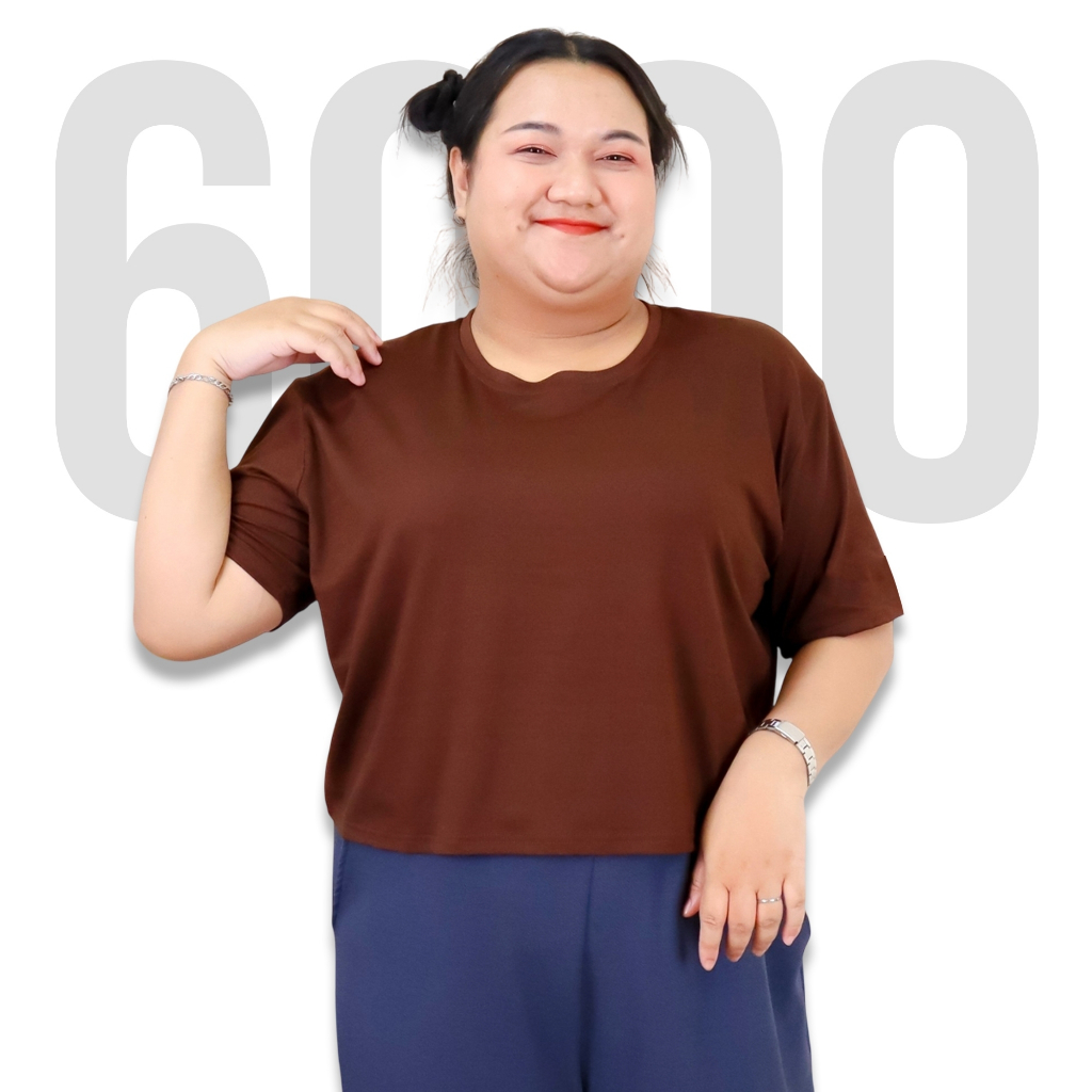 6000-สีพื้น# เสื้อยืดสาวอวบ ไซส์ใหญ่ 6XL เสื้อครอป คอกลม แขนสั้น ผ้าคอตตอนผสม เนื้อผ้านิ่ม