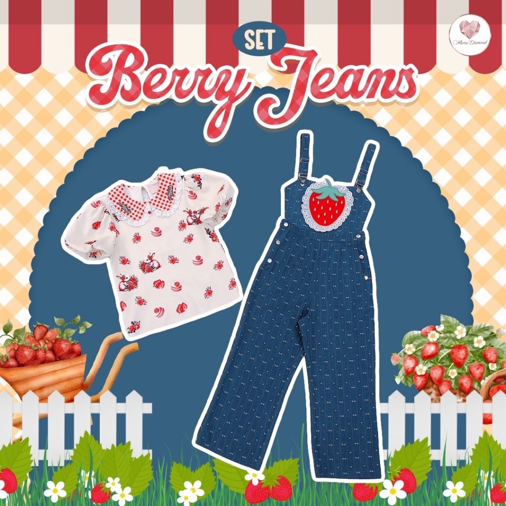 (มี2XL) Berry Jeans Set เซ็ต 2 ชิ้น เสื้อเชิ้นผ้าเปเป้ปกคอบัว + เอี๊ยมยีนส์ทอลายโบว์ปักเชอรี่ มีกระเป๋า สายเอี๊ยมปรับได้