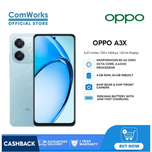 OPPO A3X | ( 4GB+64GB) (4GB+128GB) | 6.67 นิ้ว | เครื่องศูนย์แท้ รับประกันศูนย์ไทย 1 ปี