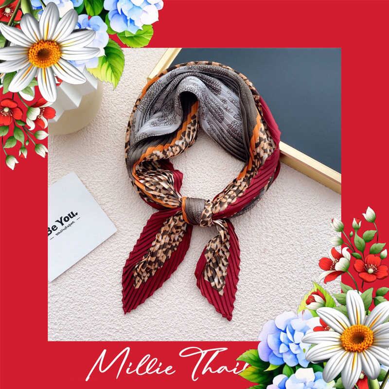 ผ้าพันคออัดพลีทลายเสือสีแดง By Millie Thailand