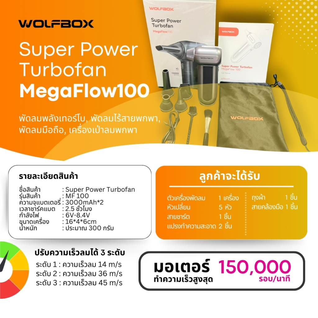 พัดลมมือถือ พลังลมเทอร์โบ พัดลมพกพา พัดลมพลังเทอร์โบ WOLFBOX Super Power Turbofan MegaFlow100 ขนาดเล็ก พกพาสะดวก รูปที่ 5