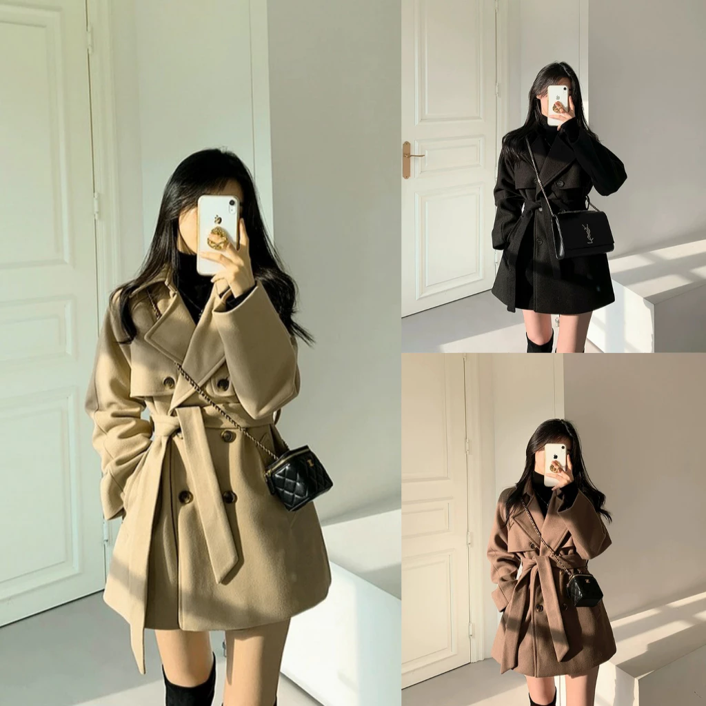 พร้อมส่ง 3สี เสื้อโค้ทกันหนาวผ้าWool มีสายรัดเอวค่า (T365)