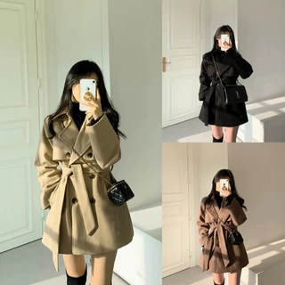 พร้อมส่ง 3สี เสื้อโค้ทกันหนาวผ้าWool มีสายรัดเอวค่า (T365)