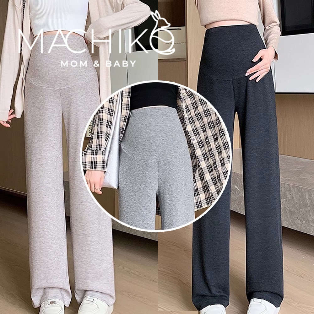 [ใหม่] กางเกงขายาวคนท้อง MACHIKO ผ้าfrench ยืดหยุ่น มีสายปรัปขนาดเอว แม่ท้อง ตั้งครรภ์ สาวอวบ (L18)