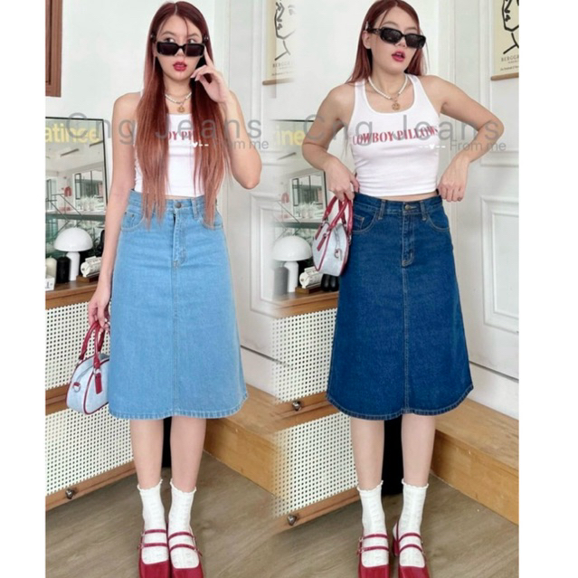 S~38 กระโปรงยีนส์ทรงเอยาวคลุมเข่า มีbigsize