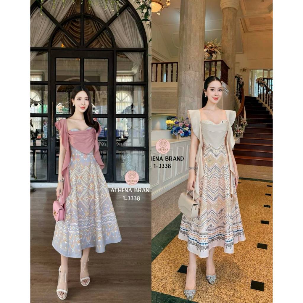 Athena Dress พิมพ์ลายทรงเจ้าหญิงดีไซน์ตัดต่อผ้าแต่งระบาย