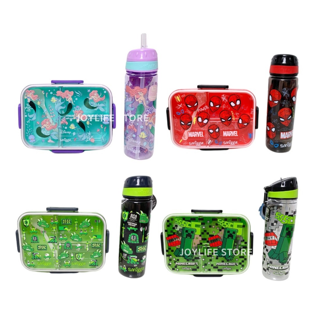 เซทกล่องข้าว 3ช่อง + ขวดน้ำ แบบหลอด 650ml. พร้อมช้อน ลายน่ารัก กล่องข้าวพลาสติก