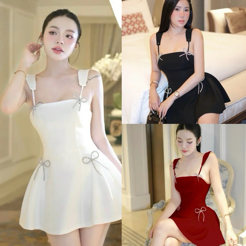 Teera พร้อมส่ง สินค้านำเข้า เดรสสั้นแต่งเข็มกลัดโบว์เพชรวิปวับ ซิปหลัง+สมอค งานซับใน สวยผู้ดีมาก