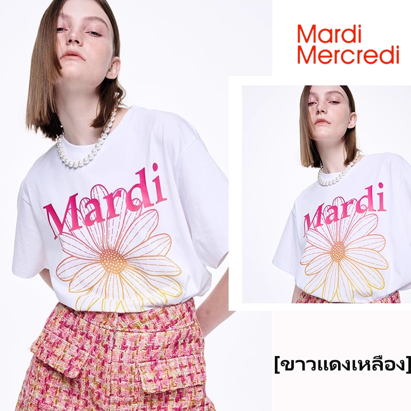 mardi mercredi แท้ เสื้อ พิมพ์ลาย Gradation Blossom เสื้อยืด ลายดอกไม้ white red Yellow TShirt