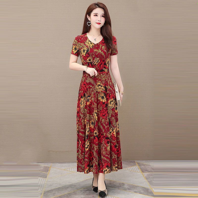NI Women's 2024 plus size loose temperament dress new slim slimming printed long skirt