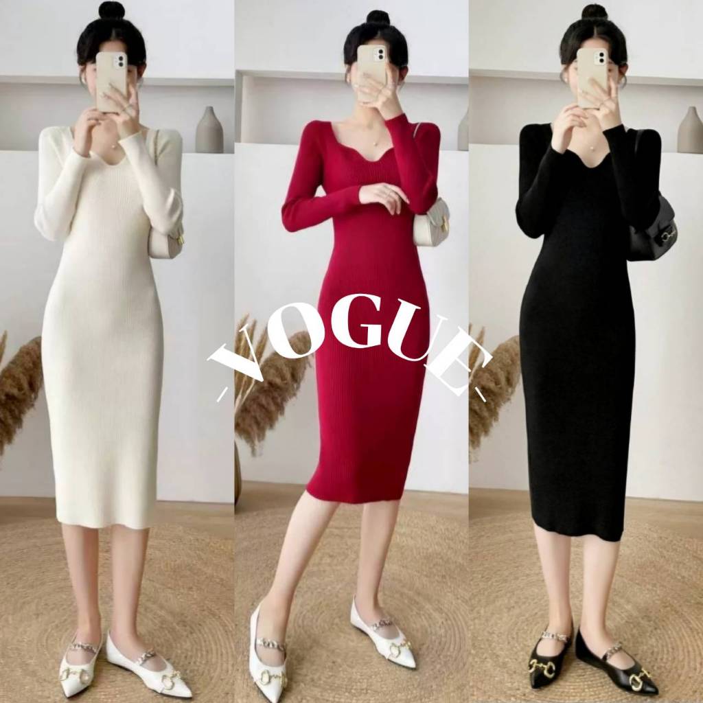 Vogue พร้อมส่ง แขนยาว เดรสผ้าไหมพรม เดรสยาวม้วนหลัง แน่นและกรีด แสดงถึงความสูงส่ง (BK379)