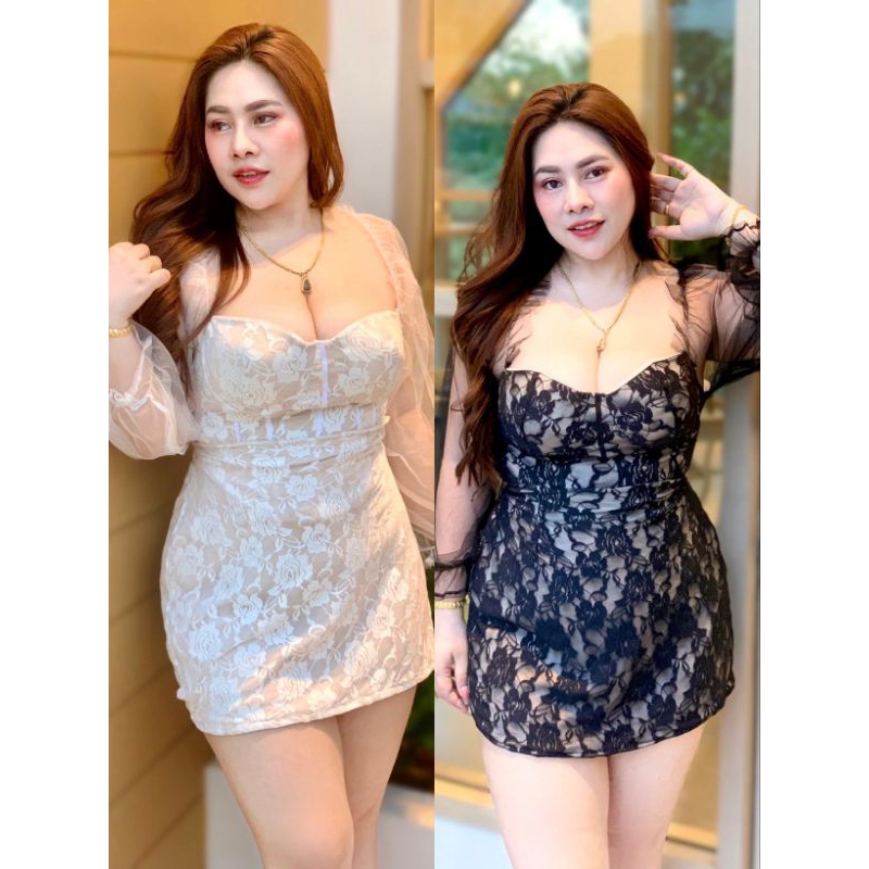 เซ็ทกระโปรง ลูกไม้ ใส่ซับในทั้งตัว ผ้าลูกไม้นิ่มไม่คัน เอวสม็อคหลัง อกเสริมฟองน้ำ