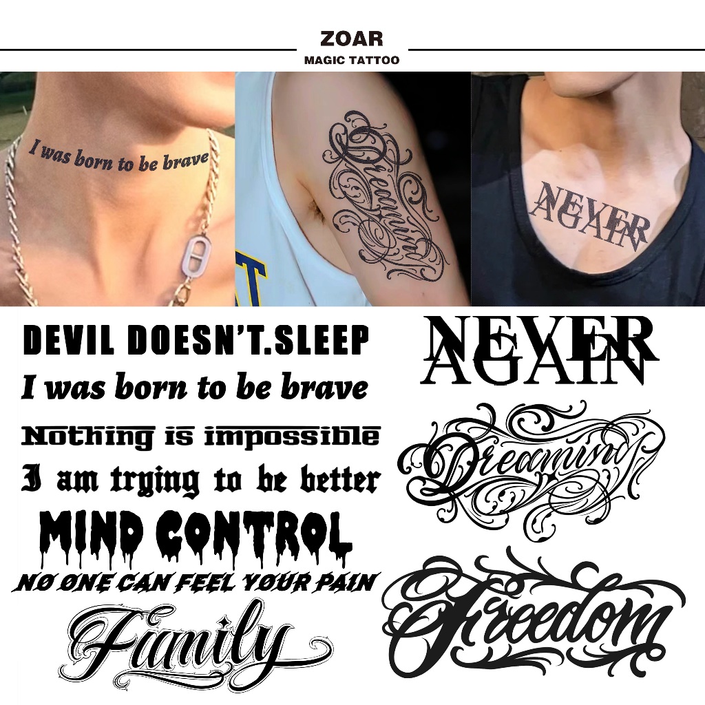 ZOAR L09 tattoo ภาษาอังกฤษสำหรับผู้ชาย ปลอกแขน สติ๊กเกอร์รอยสักสมุนไพร กันน้ำ กันรอย ยาวนาน กึ่งถาวร แสดงสี