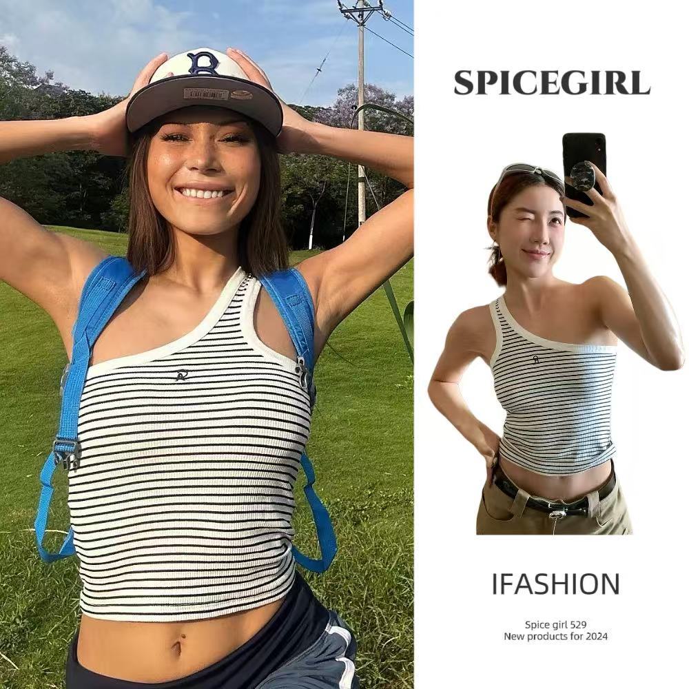 🔥Spice Girl🔥เสื้อกล้ามลายทางไหล่เฉียง ผ้าฝ้าย 100% ลายพิมพ์ที่อก สไตล์insสไตล์แฟชั่นสุดๆ เหมาะกับการถ่ายรูปในคาเฟ่