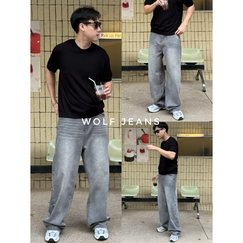 Wolf jeans (890.-) กางเกงยีนส์ผู้ชายทรงขากระบอกใหญ่ แต่งเฟดสีเทา ยีนส์ผ้านิ่มใส่สบาย