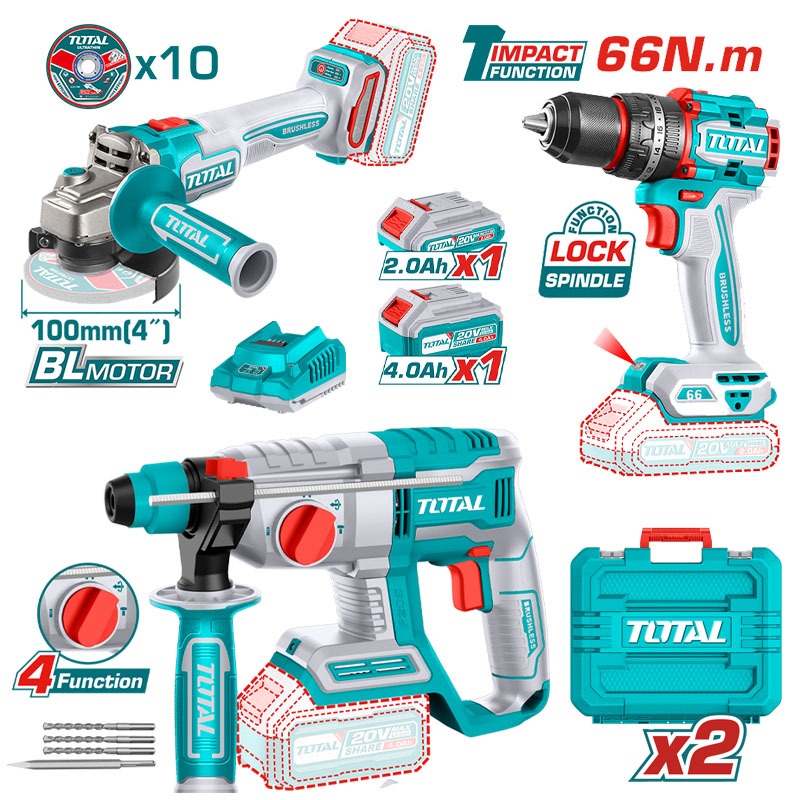 Combo Set 3ตัว สว่านโรตารี่ 22มิล + สว่านกระแทก 66N + เครื่องเจียร์ ไร้สาย 20V BL motor พร้อมกล่อง2ใบ TOTAL