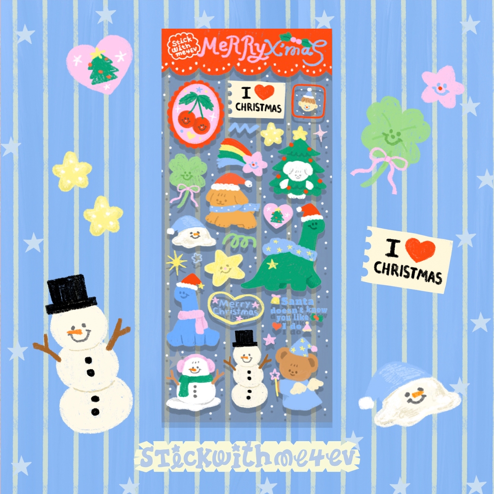 Merry X'mas sticker2024 สติกเกอร์ขอบใส คริสมาสต์น่ารัก ไซส์ 3.5x8 | Stickwithme4ev