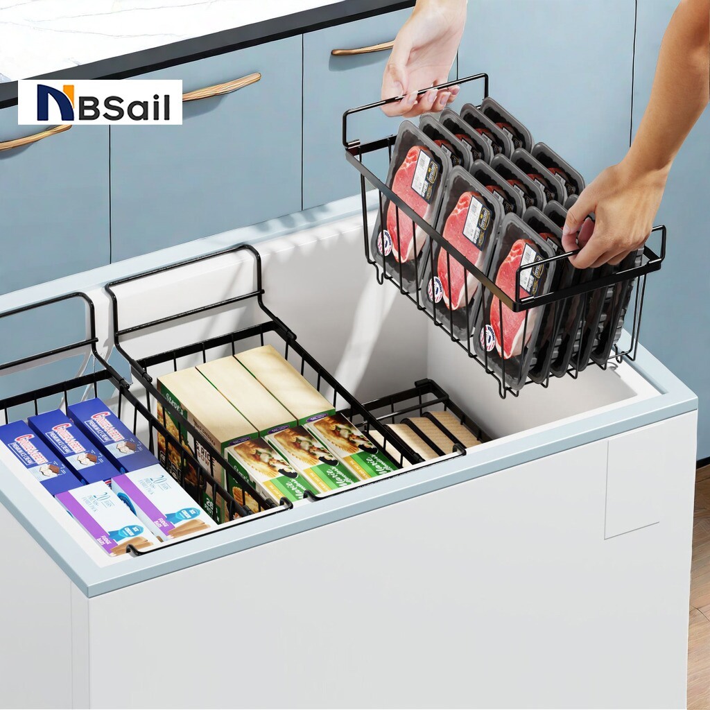 NBSail 4Pcs ชั้นตู้แช่ ซ้อนกันได้ ตะกร้าแช่แข็งจัดเก็บในตู้เย็น พร้อมที่จับสําหรับอาหารด้านล่างง่าย