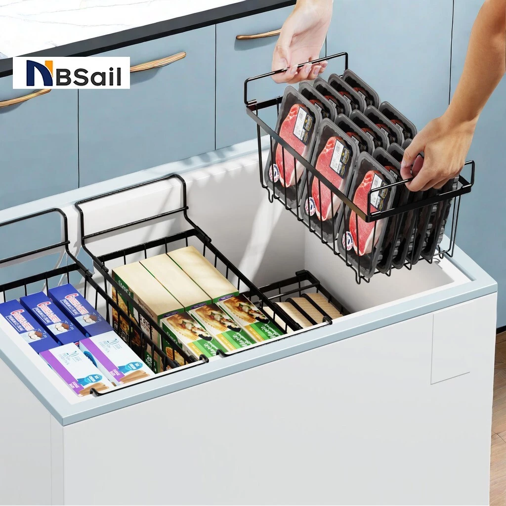 NBSail 4Pcs ชั้นตู้แช่ ซ้อนกันได้ ตะกร้าแช่แข็งจัดเก็บในตู้เย็น พร้อมที่จับสําหรับอาหารด้านล่างง่าย