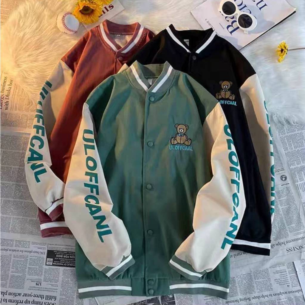 เสื้อแจ็คเก็ตแขนยาว ซับในผ้าร่ม Oversize (อก 50-52 นิ้ว) ปักหมีที่อก กระดุมหน้า มีกระเป๋า  B97