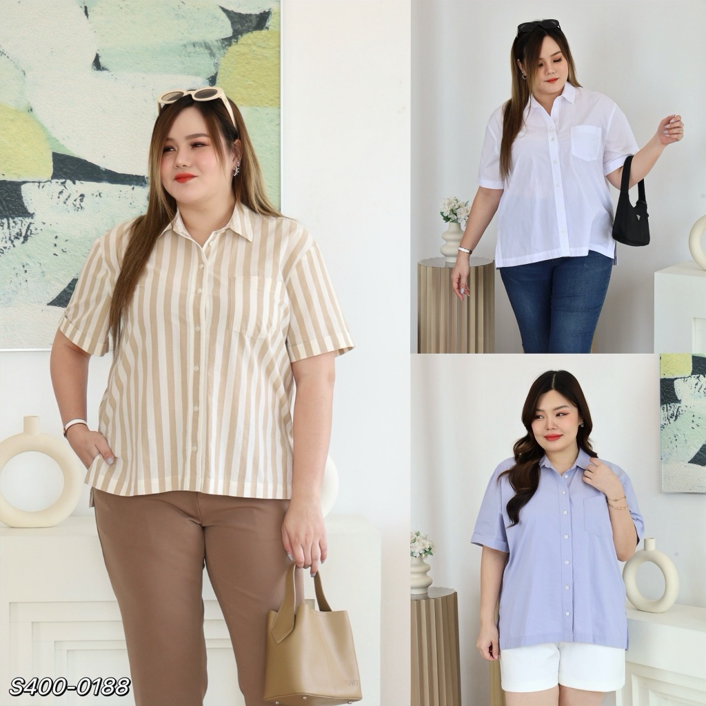 S400-0188 เสื้อเชิ๊ตแขนสั้น Cotton 100% ทรงโอเวอร์ไซส์ เชิ๊ตสาวอวบพลัสไซส์ งานตัดป้ายมือ 1 *รบกวนอ่านรายละเอียดก่อนสั่ง