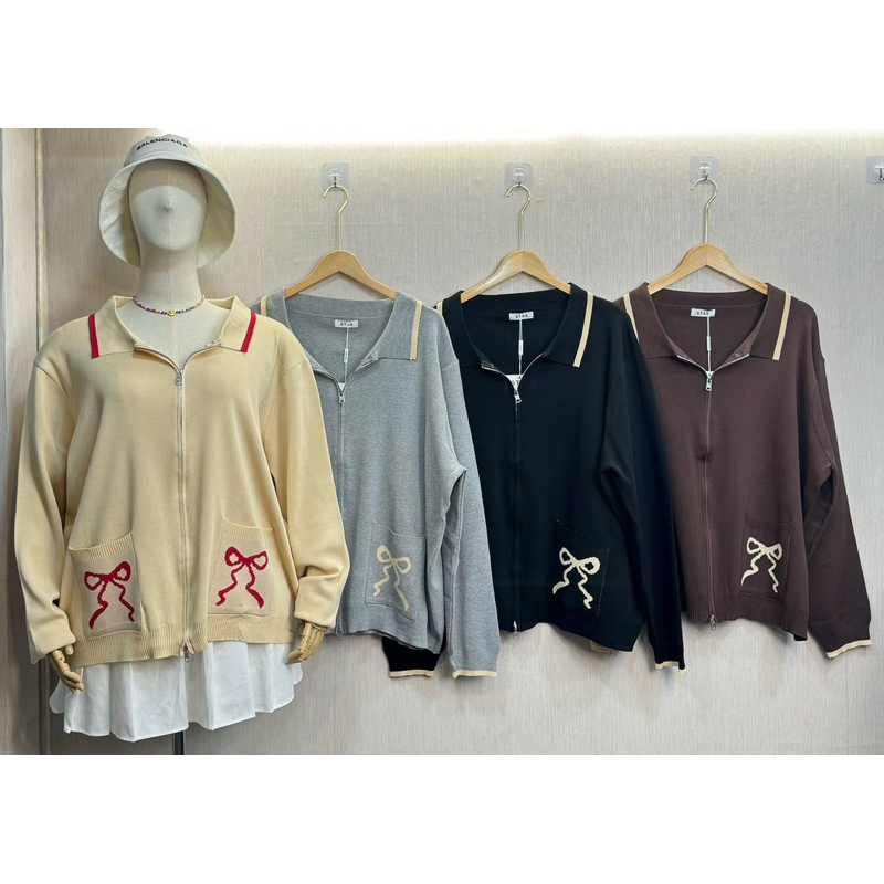 เสื้อไหมพรมแขนยาวซิปหน้ากระเป๋าลายโบว์S296 สำหรับผู้หญิง - Clothing
