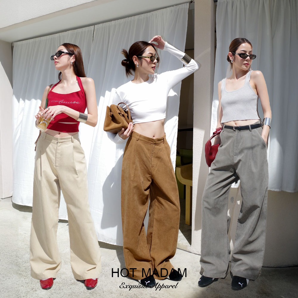พร้อมส่ง | กางเกงขายาว ผ้าโพลีเอสเตอร์ซิลค์อัดกาว ทรงสวย ใส่ง่าย | Amuse | Hot Madam Style