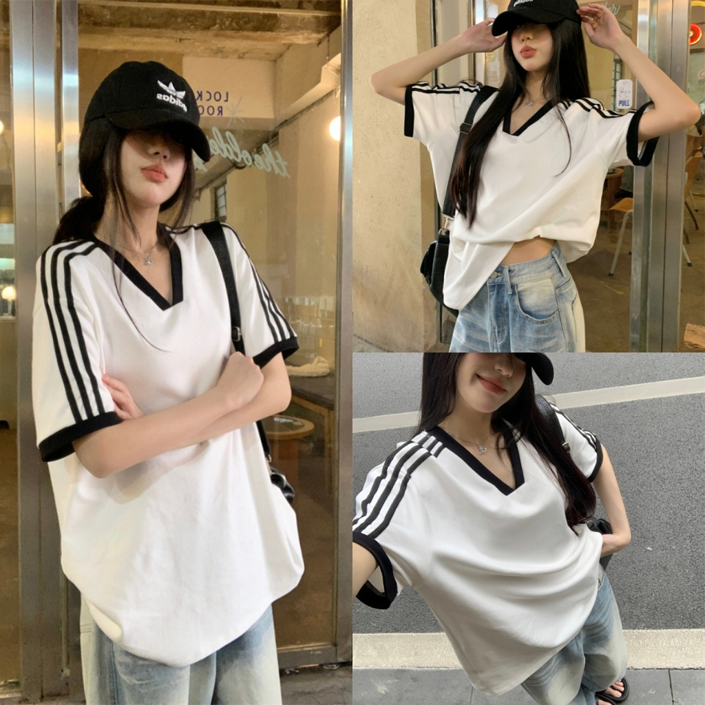 Beryl เสื้อยืดคอวีแขนสั้นสีขาวใหม่สำหรับผู้หญิง สไตล์เกาหลี เสื้อตัวหลวมและใส่ได้หลายโอกาส