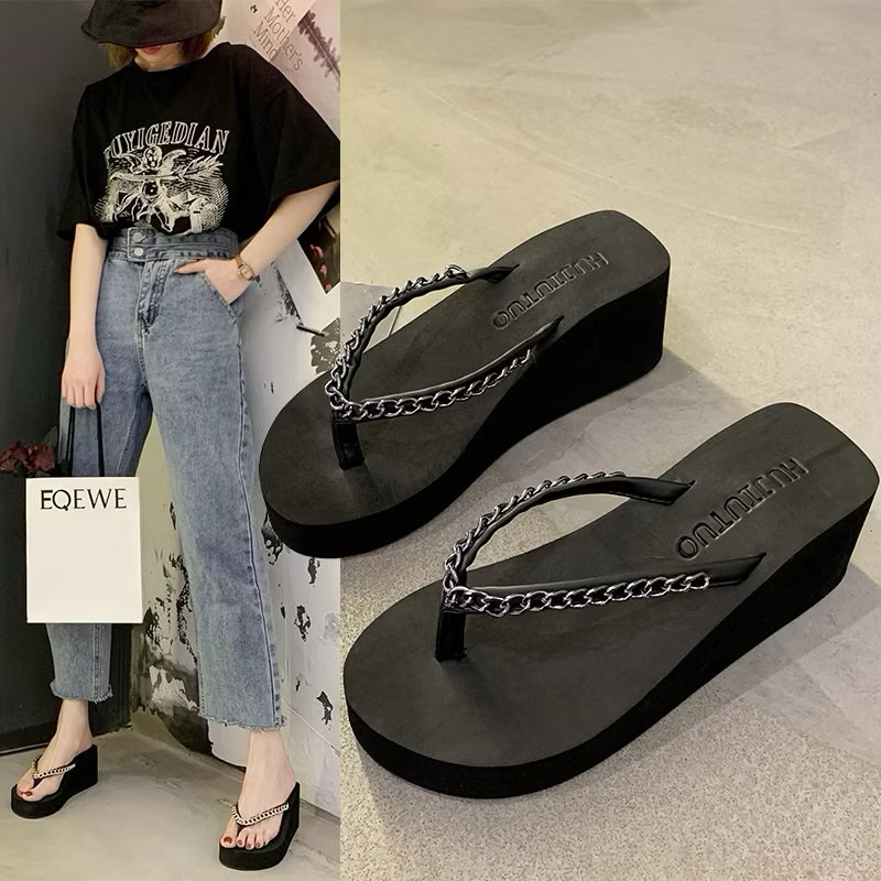 ส่งไว PALIN.BASIC 35-39 รองเท้าแตะส้นเตารีด แบบหนีบ ประดับโซ่ น้ำหนักเบา ใส่สบาย สูง 6.5 cm