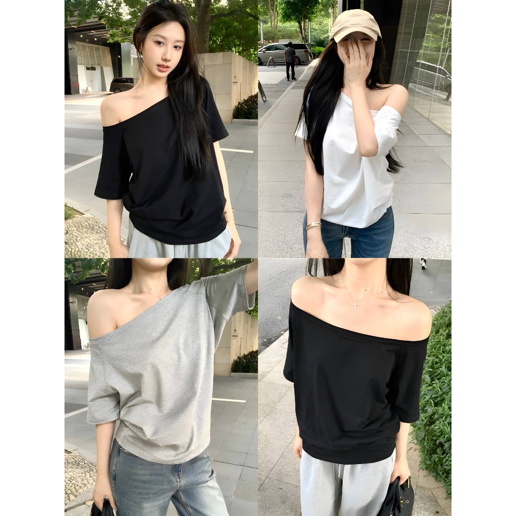 เสื้อยืดเปิดไหล่ เสื้อเเขนสั้นผู้หญิง ทรงหลวม ใส่เเบบเปิดไหล่ได้ ผ้านิ่ม เข้ากับทุกสไตล์ได้ #020272