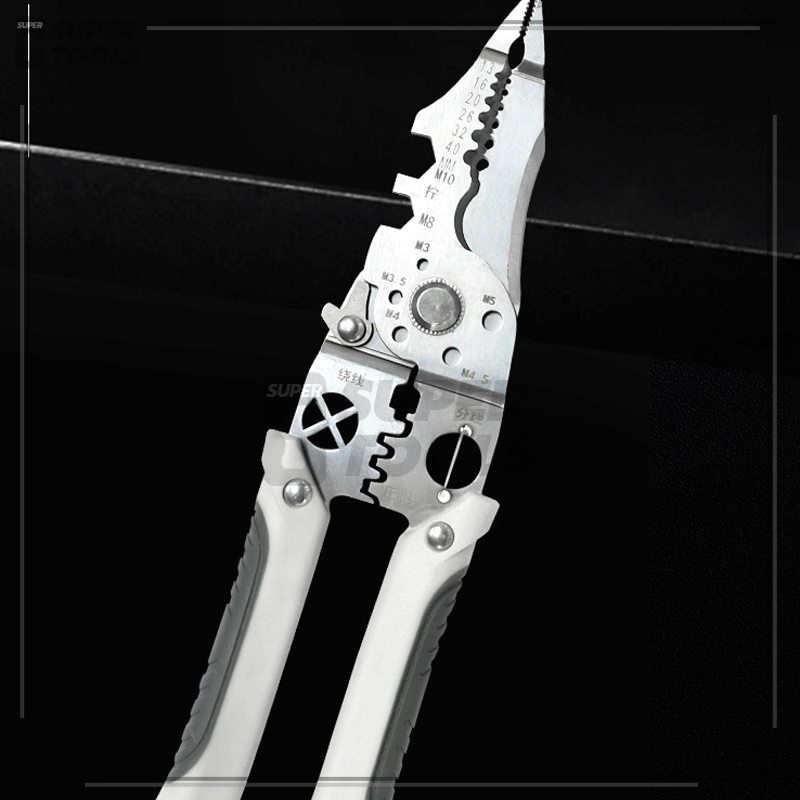 คีมปอกสายไฟ ใช้เครื่องปอกสายไฟ เครื่องตัดลวดเกรดอุตสาหกรรม ตัดสายอ่อนและแข็ง สามารถใช้เป็นประแจได้ด้วย มีความแข็งสูง
 - รูปที่ 4