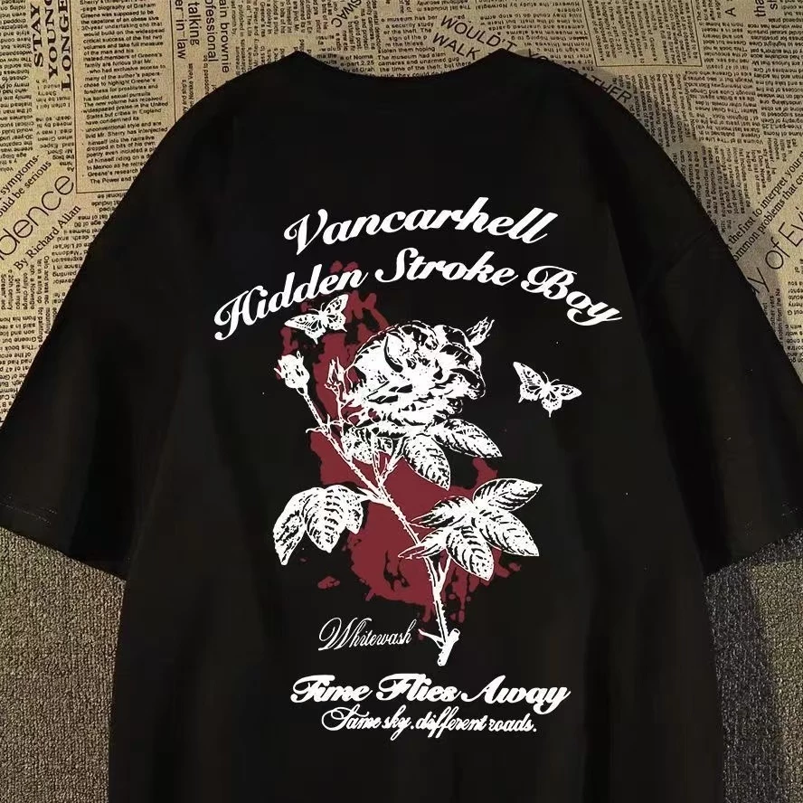 เสื้อยืดแขนสั้น ลายสกรีนหน้าหลัง ลายดอกกุหลาบ