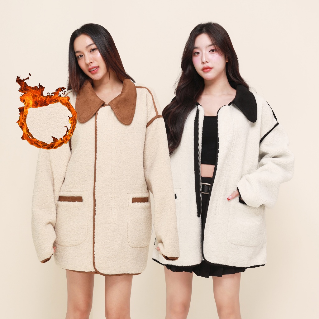 CO0937 เสื้อกันหนาวขนแกะทูโทน Coat over