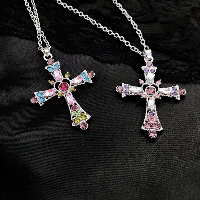 🎀พร้อมส่ง ส่งเร็ว 1-2 ถึง 💖 สร้อยคอ Jushi สีสัน Zirconia Cross คริสตัล สร้อยไม้กางเขน