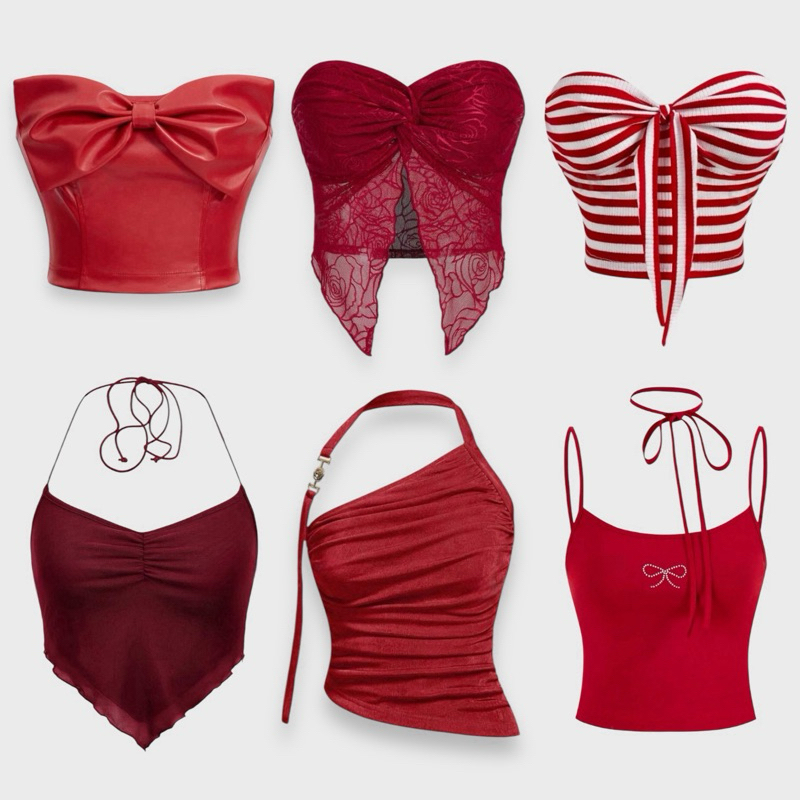 เสื้อคล้องคอเข้ารูป สีแดง แฟชั่นสำหรับผู้หญิง  R1412