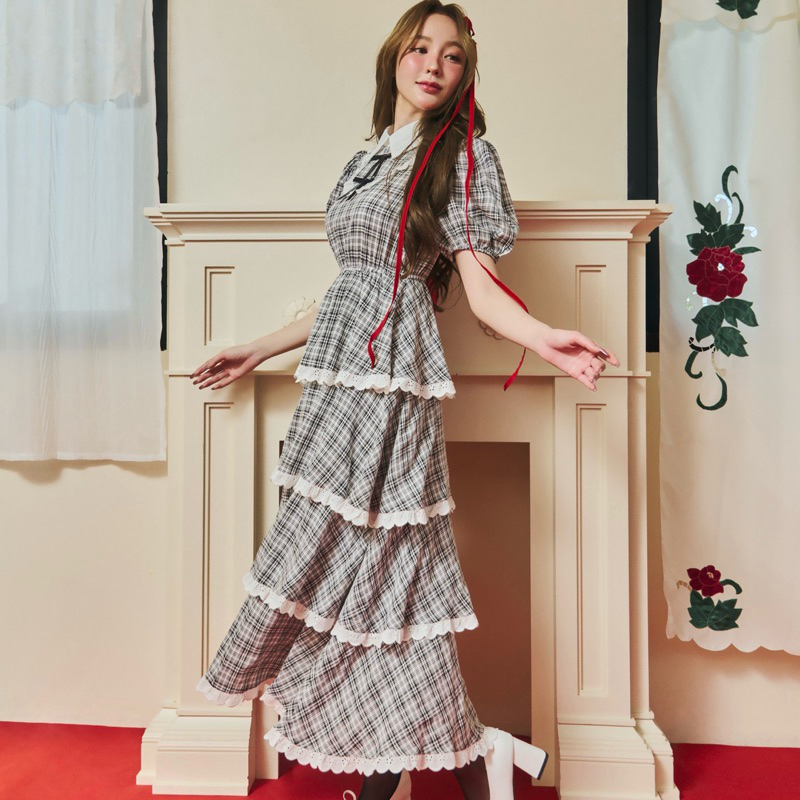 FLAT2112 : CRIMSON MAXI DRESS เดรสออกงาน ลายสก็อต แขนตุ๊กตา (FF0860) ราคา ถูกที่สุด ดีลบีเคเค แกลเลอรีภาพที่ 5