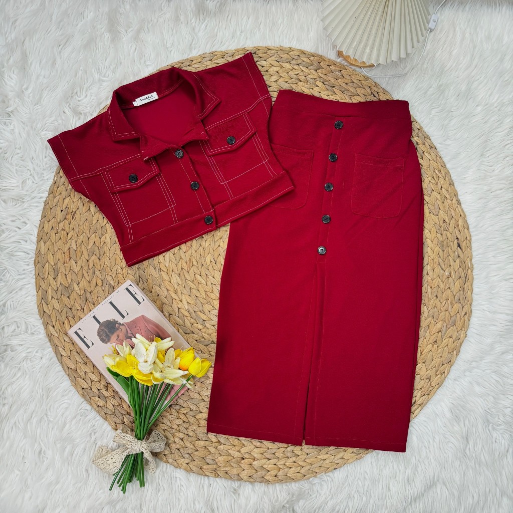 สินค้าพร้อมส่ง ชุดเซตกระโปรงผ้าวูลเวฟ เสื้อทรงครอปคอปกกระดุมหน้าแต่งกระเป๋าหน้า+กระโปรงเอวเรียบกระเป๋าหน้าแต่งกระดุม