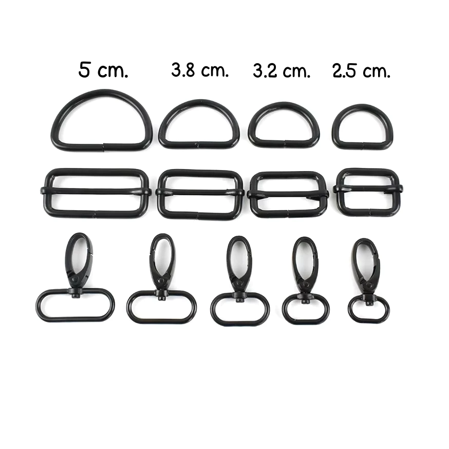 5cm. 3.8cm. 3.2cm. 2.5cm. 2cm. ห่วงเหลี่ยม ห่วงปรับสาย ห่วงตัว D ตะขอก้ามปู อะไหล่กระเป๋า สีดำ