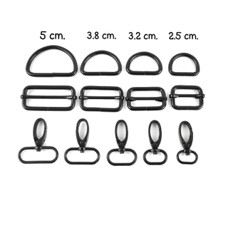 5cm. 3.8cm. 3.2cm. 2.5cm. 2cm. ห่วงเหลี่ยม ห่วงปรับสาย ห่วงตัว D ตะขอก้ามปู อะไหล่กระเป๋า สีดำ