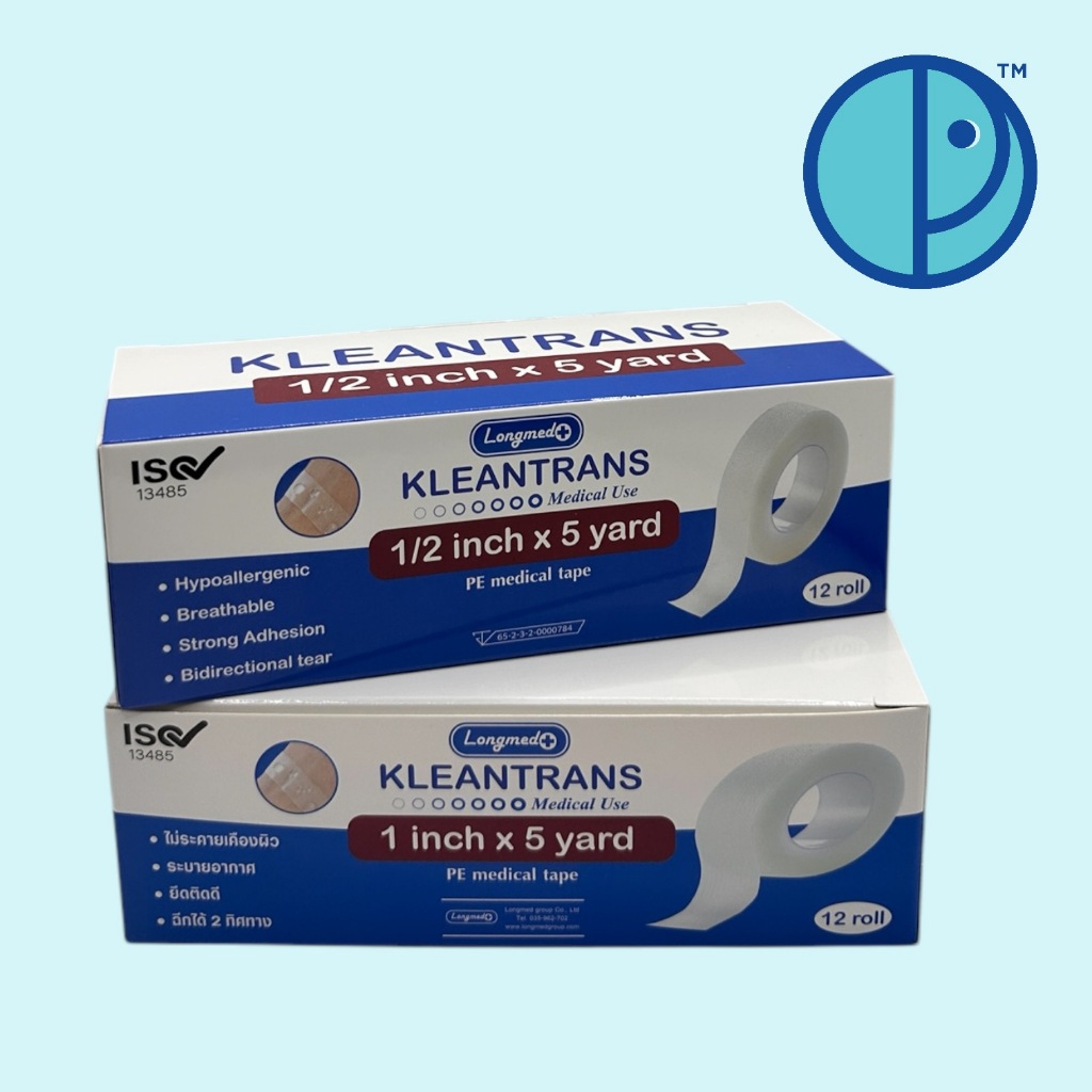 KLEANTRANS PE medical tape คลีนทรานส์ เทปใสแต่งแผลแบบใส ยึดติดดี  (ขนาด 1/2 นิ้ว และ 1 นิ้ว x 5 หลา/12 ม้วน )