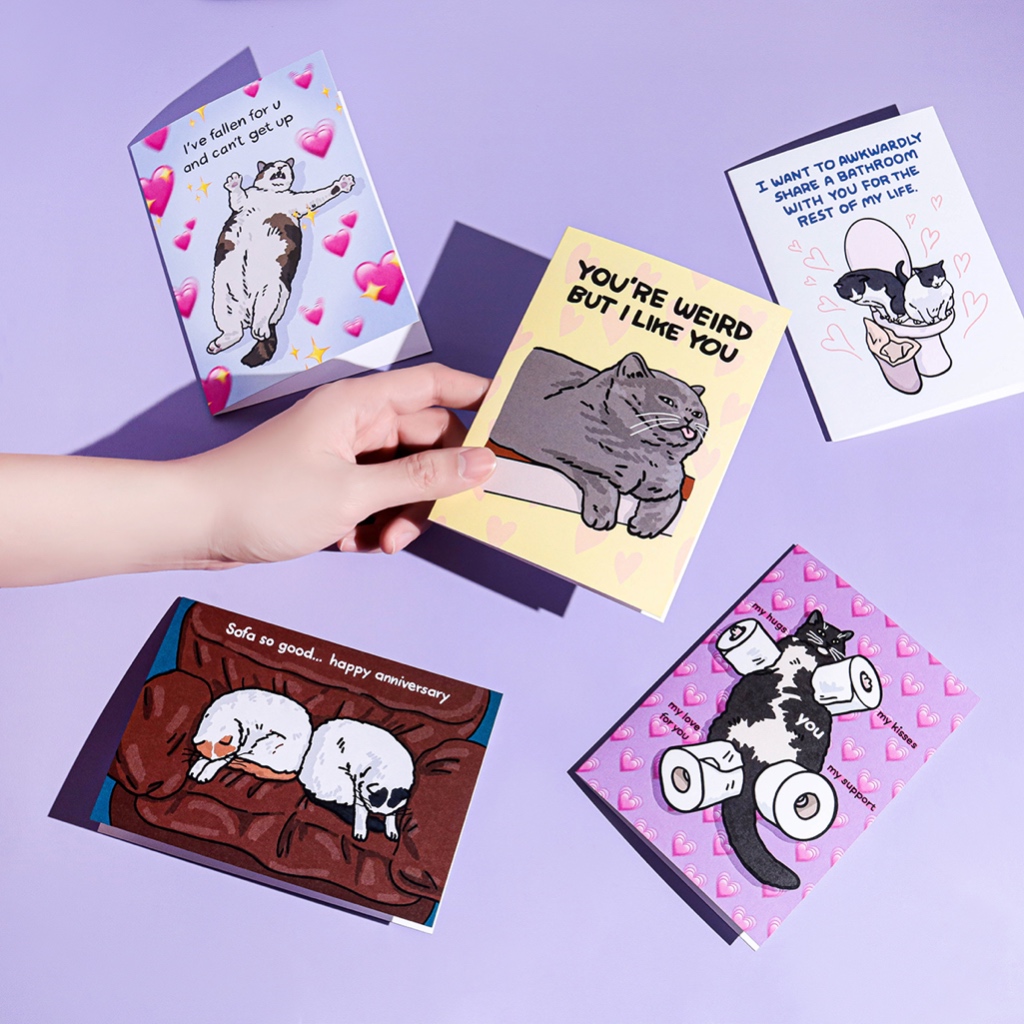 การ์ดอวยพร น่ารัก พร้อมซอง ความรัก ครบรอบ ลายแมว มีหลายลาย แบรนด์ Chonky Goods | cat love anniversary greeting cards