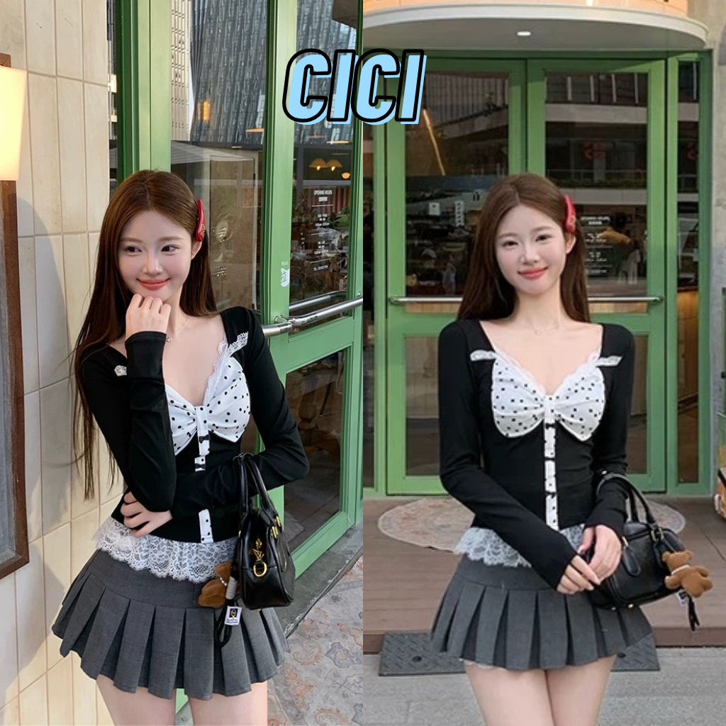 ส่งทันที Cici(NO. J1605) เสื้อแขนยาวผ้าเรยอน แต่งโบว์ด้านหน้าปลายลูกไม้น่ารักโซคิ้วท์