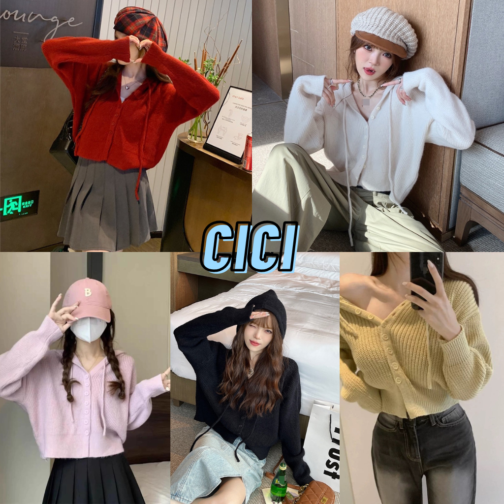 ส่งทันที Cici(NO. Z1605) เสื้อครอปไหมพรมแขนยาว มีฮู้ด กระดุมใช้งานได้จริง เก๋ๆ