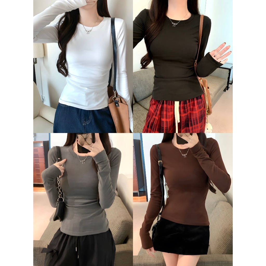 เสื้อยืดเเขนยาวผญ เสื้อเเขนยาว มินิมอล ผ้ายืดเยอะ งานเกาหลี เเบบลำลอง #020277