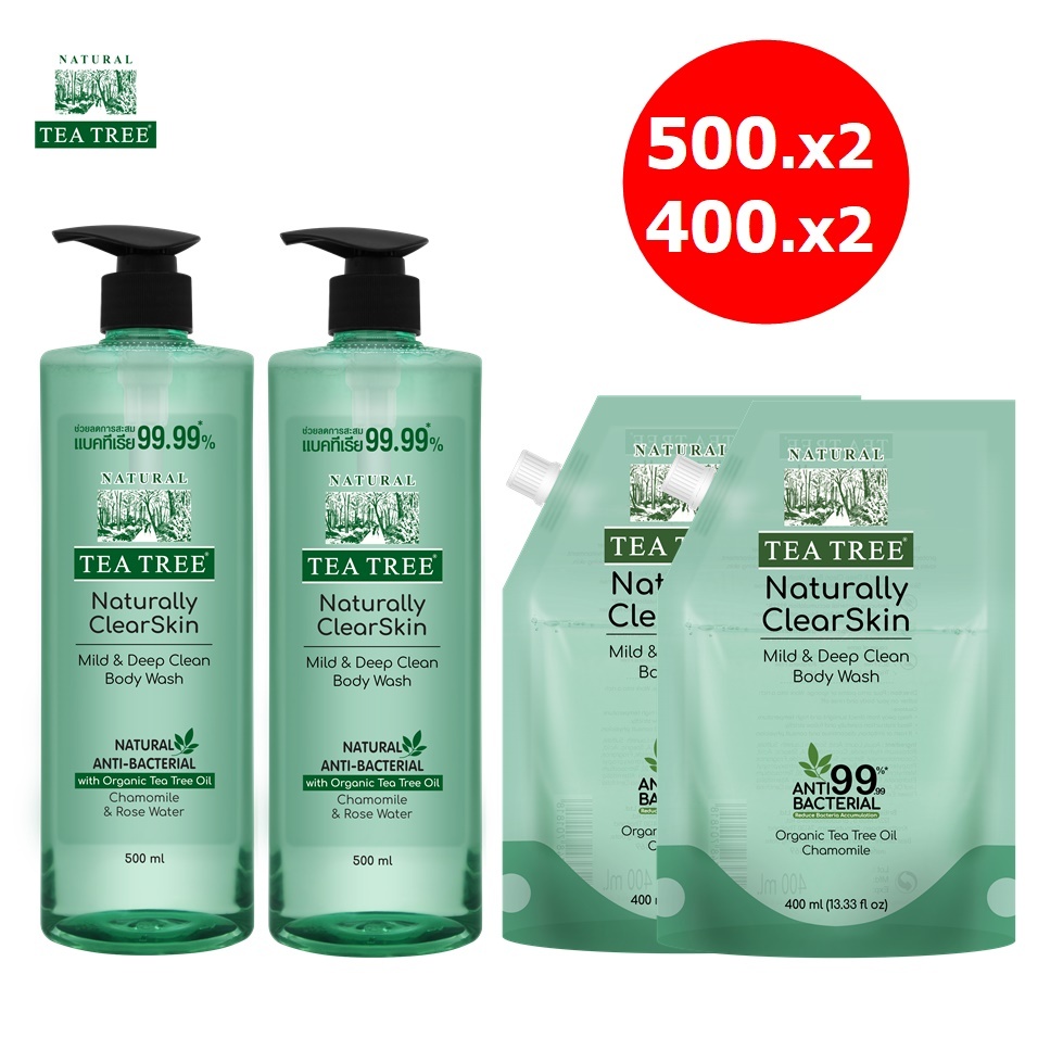 Tea Tree ที ทรี เจลอาบน้ำ มายด์แอนด์ดีพคลีน 500 มล.2 ขวด.+ถุงเติม 400 มล. 2 ถุง (ครีมอาบน้ำ, Shower Gel, Body Wash)