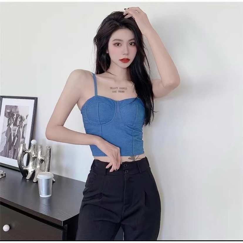 เสื้อสายเดี่ยว ผ้าฟอกยีนส์ สายปรับได้ มีฟองน้ำ สม็อคหลังลูกไม้ Women Clothing ผู้หญิง