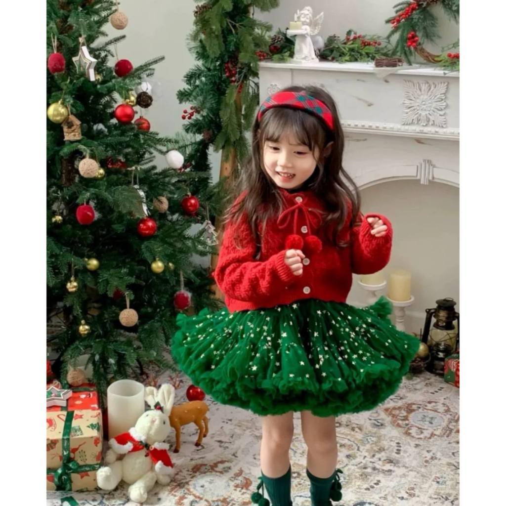 (พร้อมส่ง) 🇹🇭 กระโปรงสั้นเด็ก TUTU ฟูแน่นสีเขียวลายดาว กระโปรงคริสมาสต์เด็กผู้หญิง