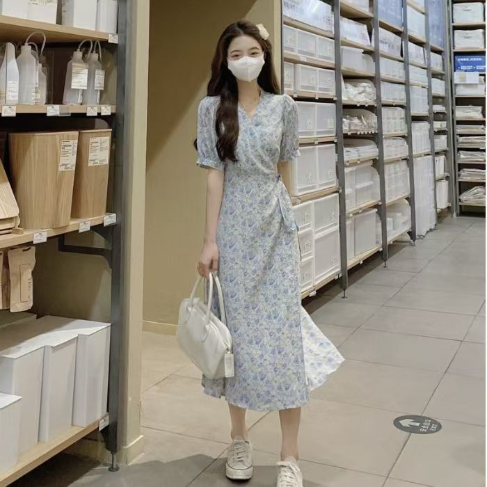 ✌✱🔥พร้อมส่ง🔥กระโปรงลายดอกสีม่วง อ้วน mm. ชุดเดรสแขนพัฟฝรั่งเศส เดรสชีฟองนางฟ้า S-3XL